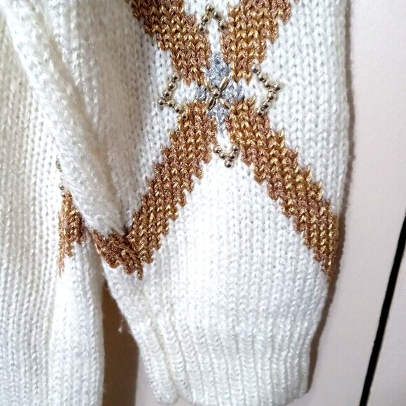 Y2k Jaclyn Smith Argyle Cardigan Sweater Medium Holiday Festive Cream Glitter Wa - Picture 6 of 9